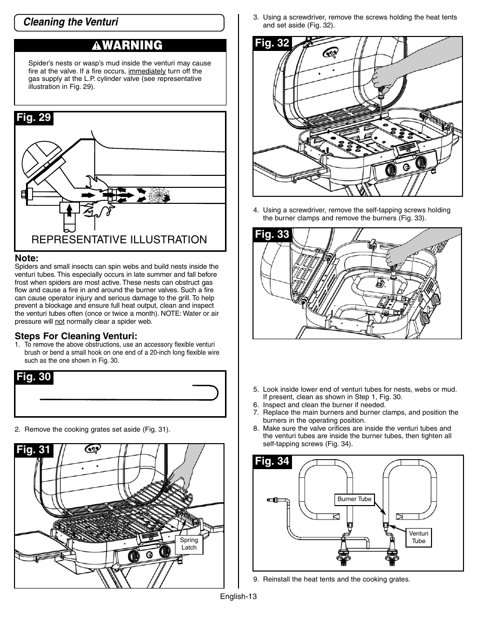 Warning, Cleaning the venturi, Representative illustration | Fig. 29, Fig. 30, Fig. 31, Fig. 32, Fig. 33, Fig. 34 | Coleman 9928 Series User Manual | Page 13 / 52