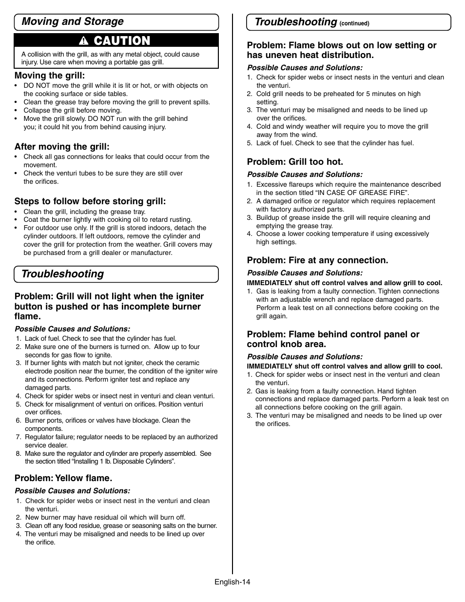 Caution, Moving and storage troubleshooting, Troubleshooting | Coleman 9928 Series User Manual | Page 14 / 52