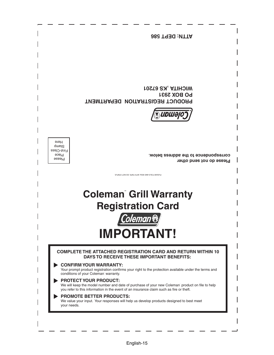 Important, Coleman, Grill warranty registration card | Coleman 9928 Series User Manual | Page 15 / 52