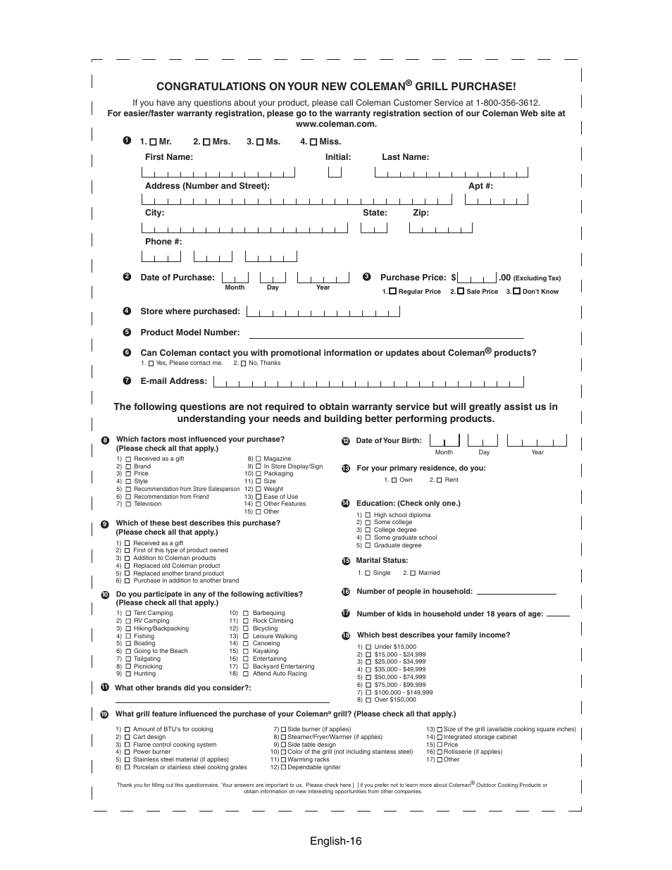 Grill purchase, English-16 | Coleman 9928 Series User Manual | Page 16 / 52