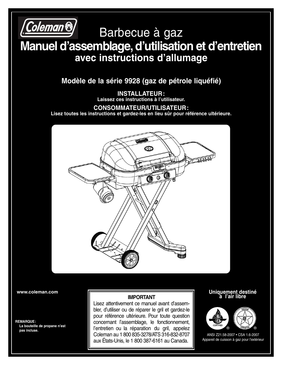 Avec instructions d’allumage, Modèle de la série 9928 (gaz de pétrole liquéfié) | Coleman 9928 Series User Manual | Page 19 / 52