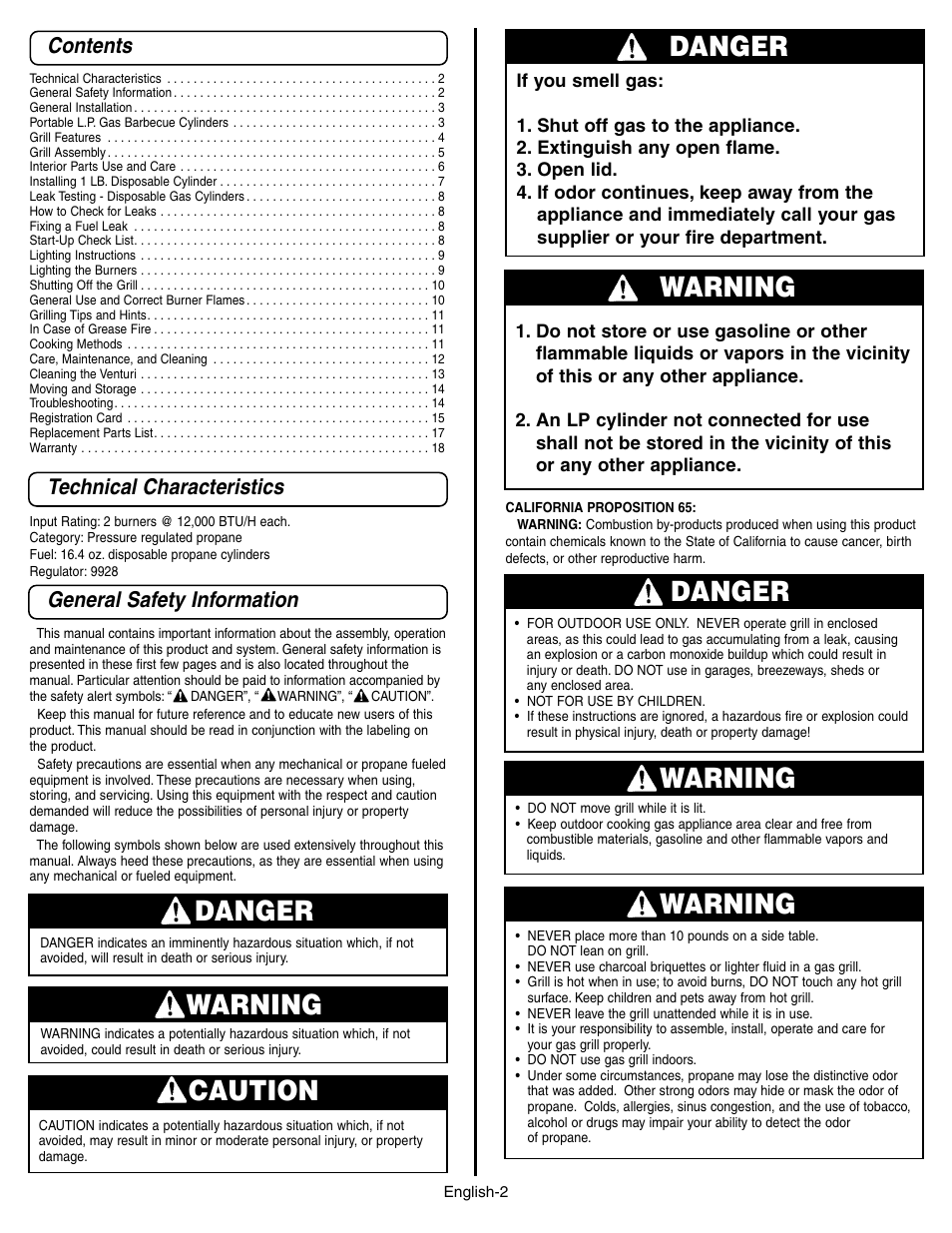 Danger, Warning, Caution | Contents general safety information, Technical characteristics | Coleman 9928 Series User Manual | Page 2 / 52