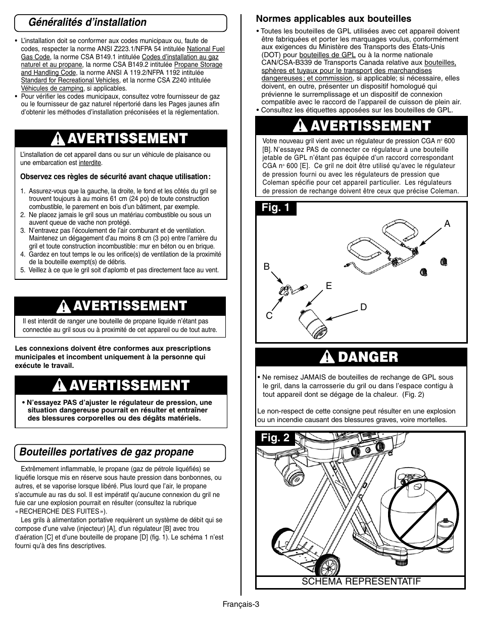 Avertissement, Danger, Généralités d’installation | Bouteilles portatives de gaz propane, Fig. 1, Fig. 2 | Coleman 9928 Series User Manual | Page 21 / 52