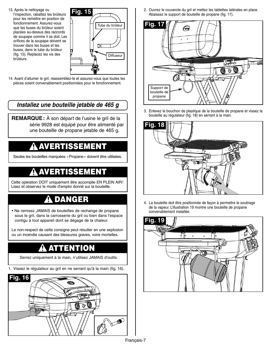 Avertissement, Danger, Attention | Installez une bouteille jetable de 465 g, Fig. 16 fig. 17, Fig. 18 fig. 19, Fig. 15 | Coleman 9928 Series User Manual | Page 25 / 52