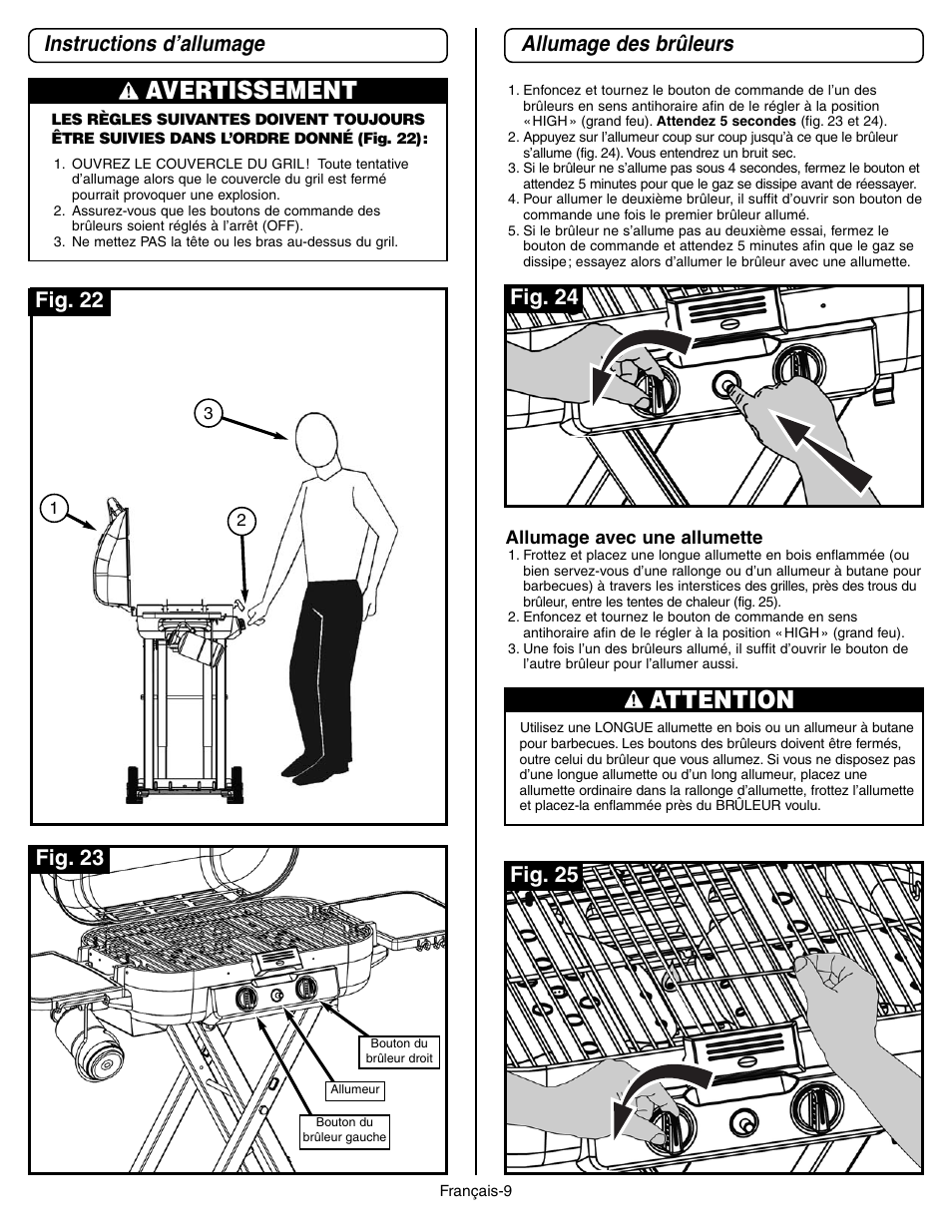 Avertissement, Attention, Instructions d’allumage | Allumage des brûleurs, Fig. 22 fig. 23, Fig. 24, Fig. 25 | Coleman 9928 Series User Manual | Page 27 / 52