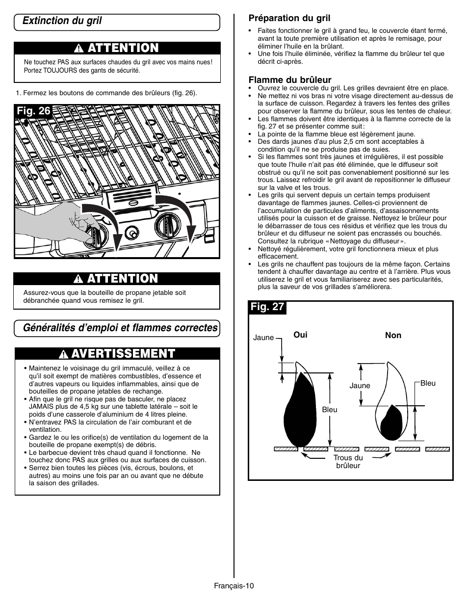Attention, Avertissement, Extinction du gril | Généralités d’emploi et flammes correctes, Fig. 27 fig. 26 | Coleman 9928 Series User Manual | Page 28 / 52