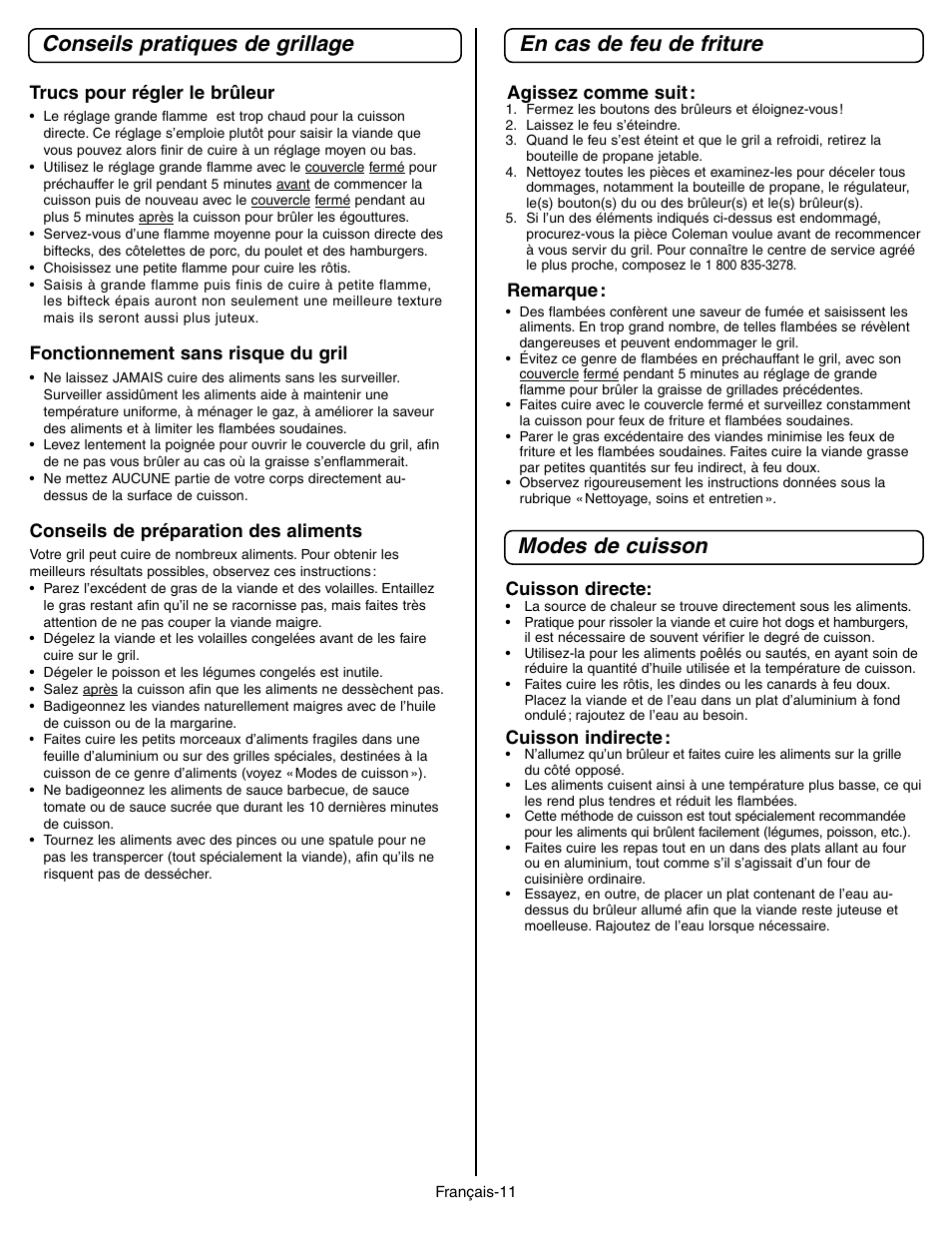 Conseils pratiques de grillage, Modes de cuisson en cas de feu de friture | Coleman 9928 Series User Manual | Page 29 / 52