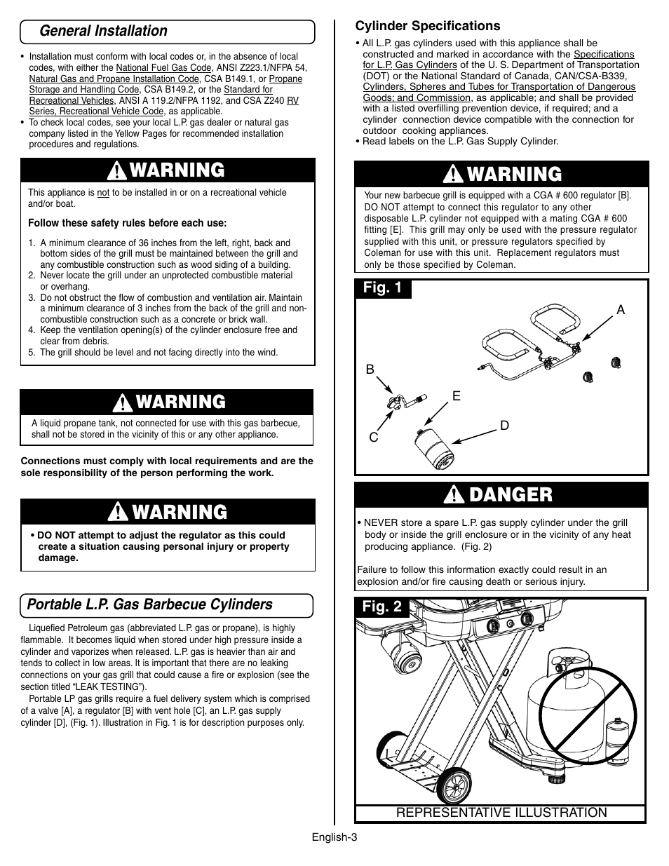 Warning, Danger, General installation | Portable l.p. gas barbecue cylinders, Fig. 1, Fig. 2 | Coleman 9928 Series User Manual | Page 3 / 52