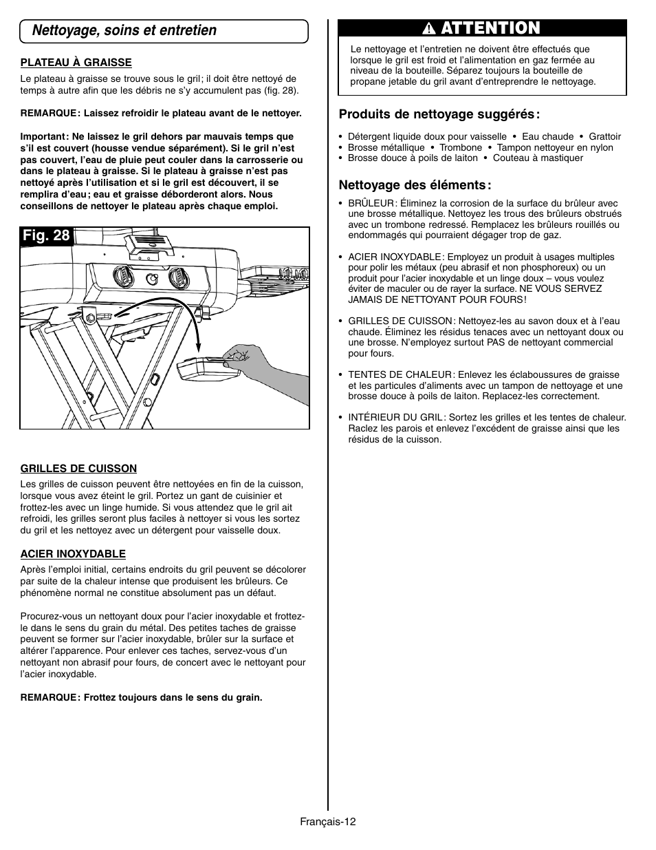 Attention, Nettoyage, soins et entretien, Fig. 28 | Coleman 9928 Series User Manual | Page 30 / 52