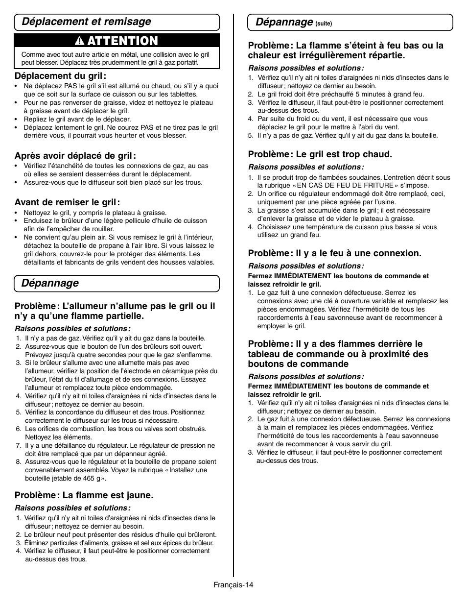 Attention, Déplacement et remisage dépannage, Dépannage | Coleman 9928 Series User Manual | Page 32 / 52