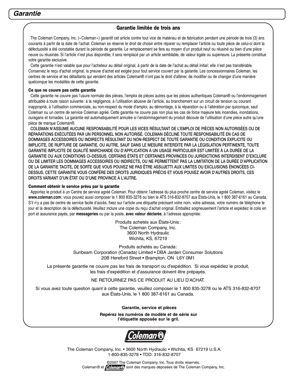 Garantie | Coleman 9928 Series User Manual | Page 34 / 52