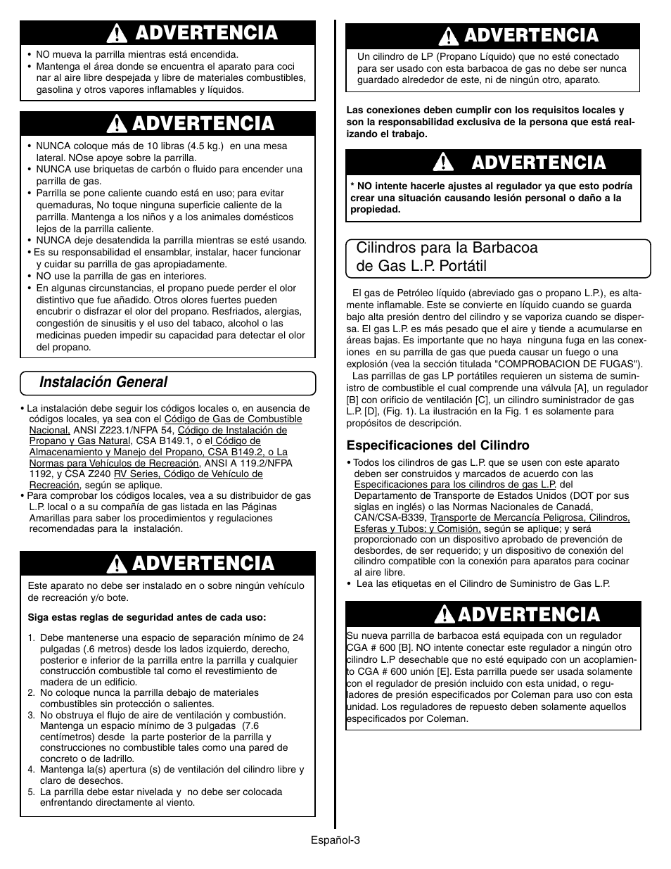 Advertencia, Instalación general, Cilindros para la barbacoa de gas l.p. portátil | Coleman 9928 Series User Manual | Page 37 / 52