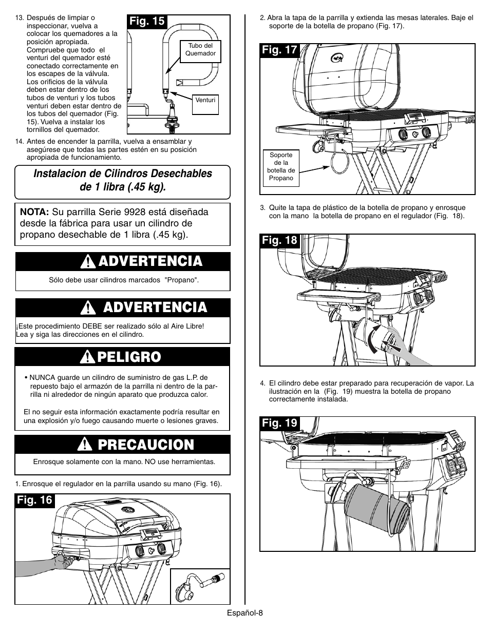 Advertencia, Peligro, Precaucion | Fig. 16 fig. 17, Fig. 18 fig. 19, Fig. 15 | Coleman 9928 Series User Manual | Page 42 / 52