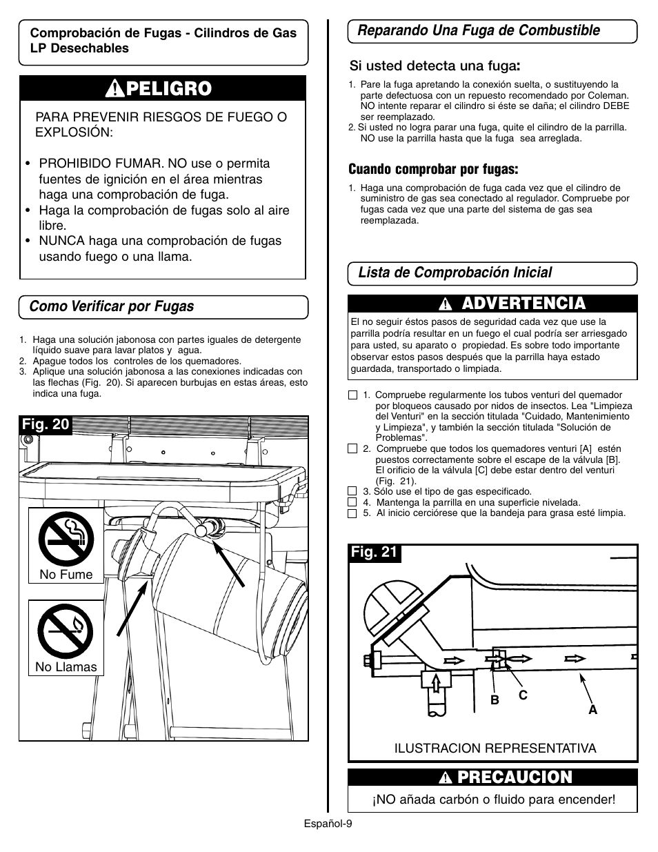 Peligro, Advertencia, Precaucion | Lista de comprobación inicial, Fig. 20, Fig. 21 | Coleman 9928 Series User Manual | Page 43 / 52