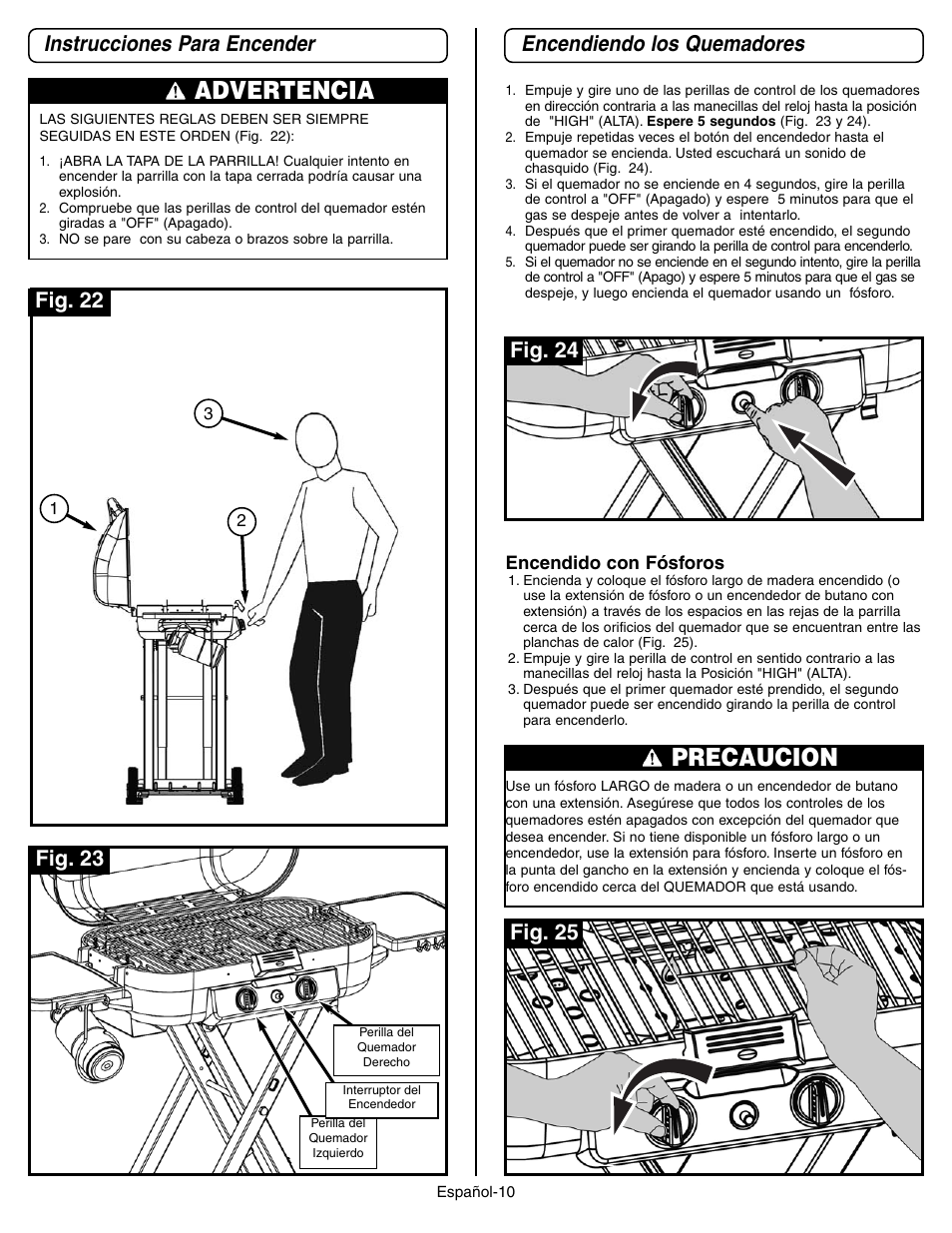 Advertencia, Precaucion, Instrucciones para encender | Encendiendo los quemadores, Fig. 22 fig. 23, Fig. 24, Fig. 25 | Coleman 9928 Series User Manual | Page 44 / 52