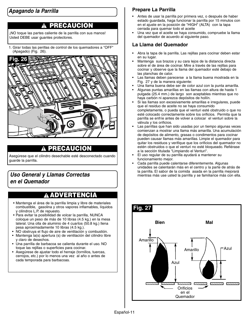 Precaucion, Advertencia, Apagando la parrilla | Uso general y llamas correctas en el quemador, Fig. 27 fig. 26 | Coleman 9928 Series User Manual | Page 45 / 52