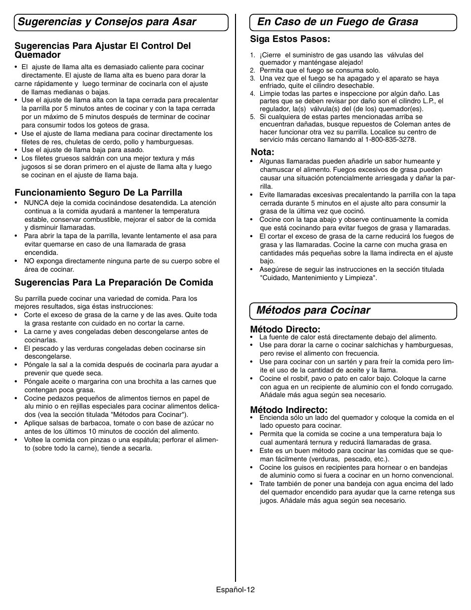 Sugerencias y consejos para asar, Métodos para cocinar en caso de un fuego de grasa, Sugerencias para ajustar el control del quemador | Funcionamiento seguro de la parrilla, Sugerencias para la preparación de comida, Método directo, Método indirecto, Siga estos pasos, Nota | Coleman 9928 Series User Manual | Page 46 / 52