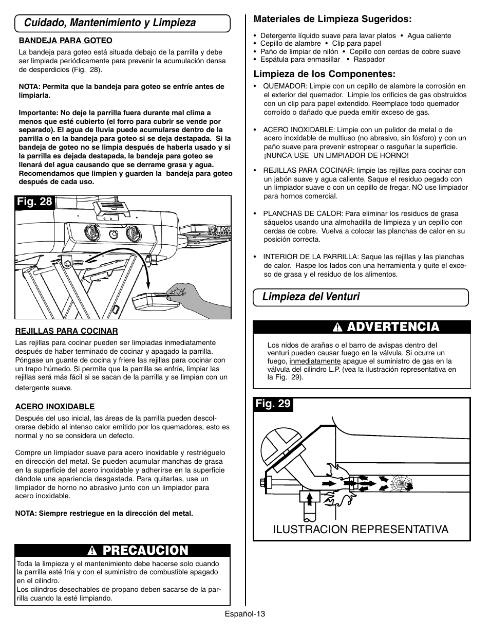 Precaucion, Advertencia, Cuidado, mantenimiento y limpieza | Limpieza del venturi, Fig. 28, Ilustracion representativa, Fig. 29 | Coleman 9928 Series User Manual | Page 47 / 52