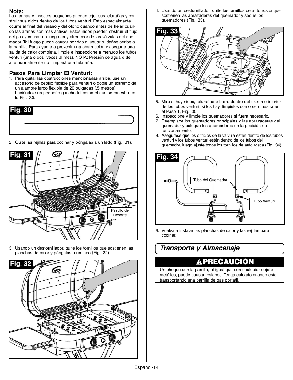 Precaucion, Transporte y almacenaje, Fig. 30 | Fig. 31, Fig. 32, Fig. 33, Fig. 34 | Coleman 9928 Series User Manual | Page 48 / 52