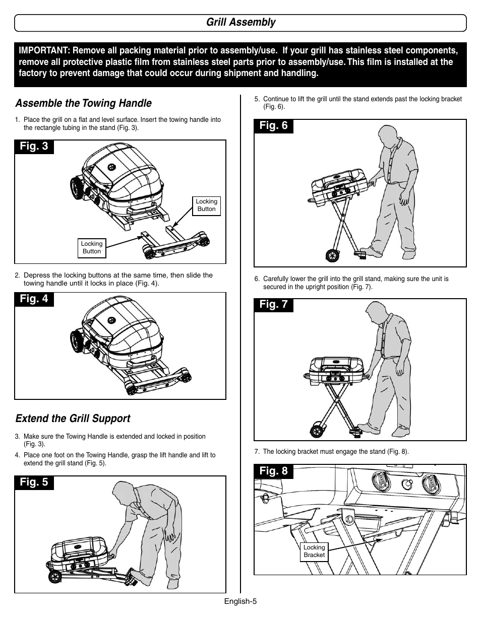 Grill assembly, Fig. 3, Fig. 4 fig. 5 fig. 8 | Fig. 6 fig. 7 | Coleman 9928 Series User Manual | Page 5 / 52