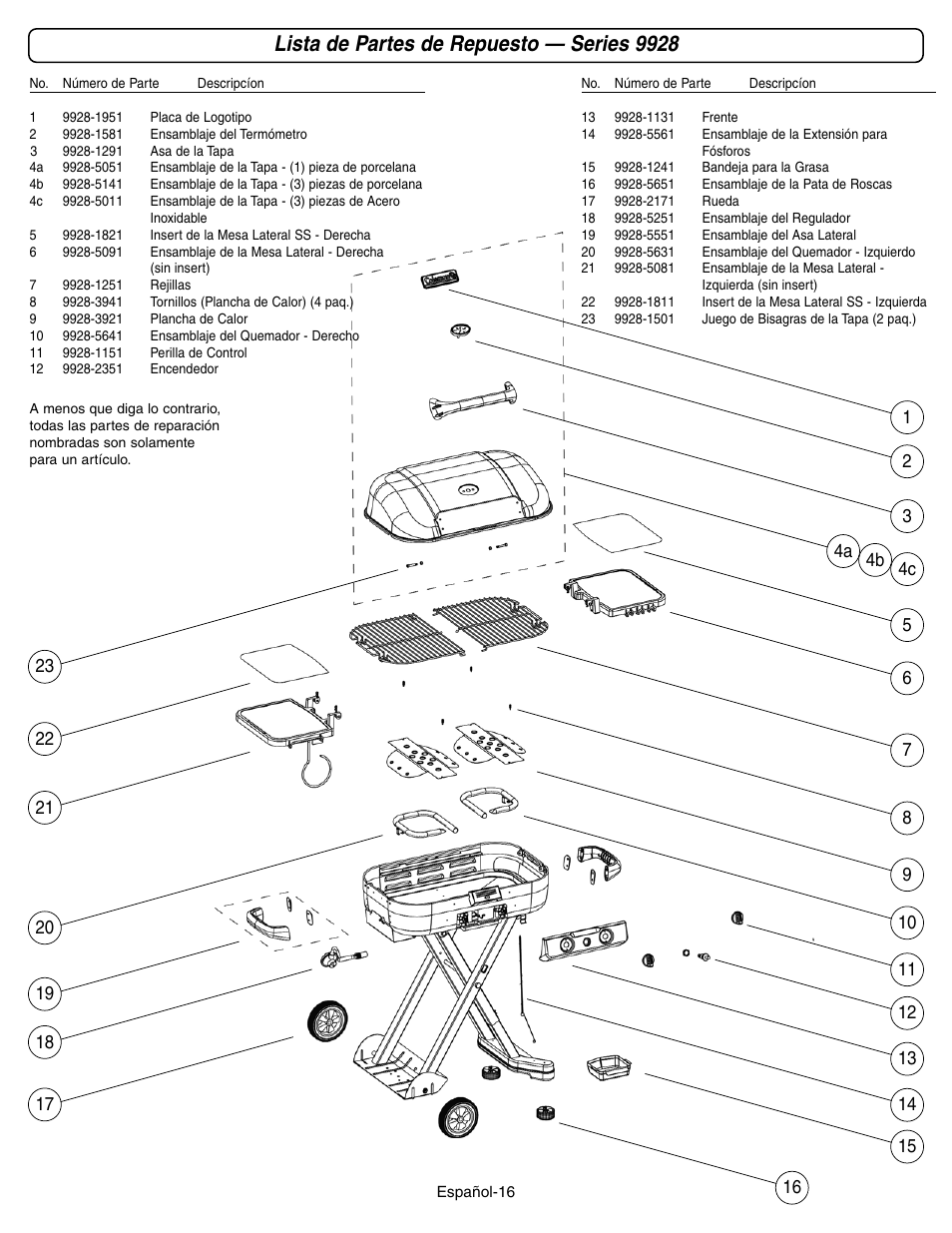 Lista de partes de repuesto — series 9928 | Coleman 9928 Series User Manual | Page 50 / 52