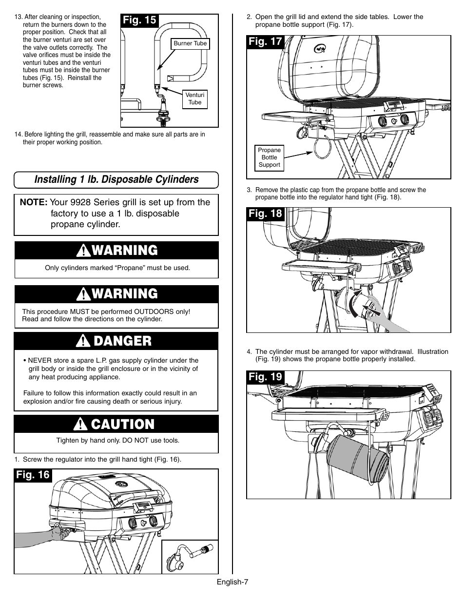 Warning, Danger, Caution | Installing 1 lb. disposable cylinders, Fig. 16 fig. 17, Fig. 18 fig. 19, Fig. 15 | Coleman 9928 Series User Manual | Page 7 / 52