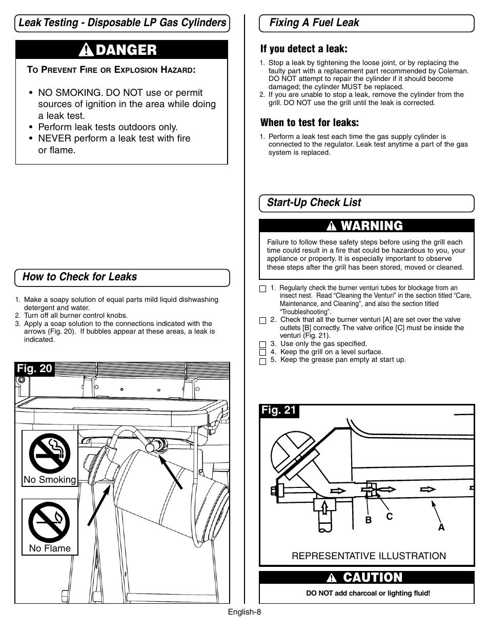 Danger, Warning, Caution | Fixing a fuel leak how to check for leaks, Start-up check list, Leak testing - disposable lp gas cylinders, Fig. 20, Fig. 21 | Coleman 9928 Series User Manual | Page 8 / 52
