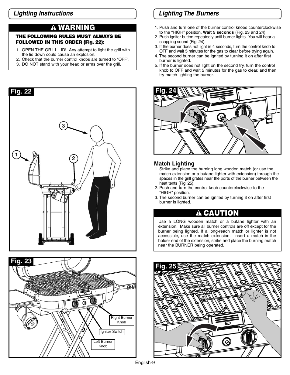Warning, Caution, Lighting instructions | Lighting the burners, Fig. 22 fig. 23, Fig. 24, Fig. 25 | Coleman 9928 Series User Manual | Page 9 / 52