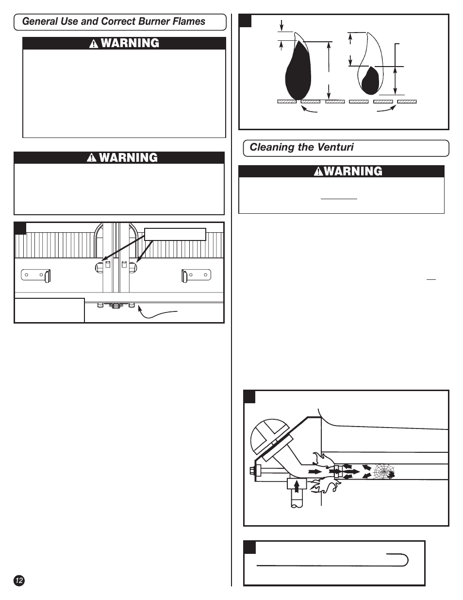 Warning, General use and correct burner flames, Cleaning the venturi | Representative illustration | Coleman 9995 Series User Manual | Page 12 / 16