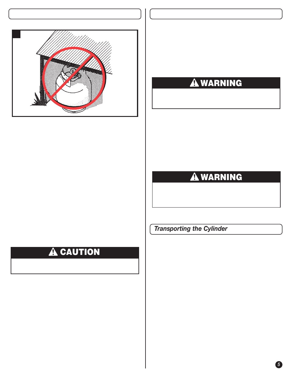 Caution, Warning, L.p. gas cylinder | Hose and regulator, Transporting the cylinder | Coleman 9995 Series User Manual | Page 5 / 16