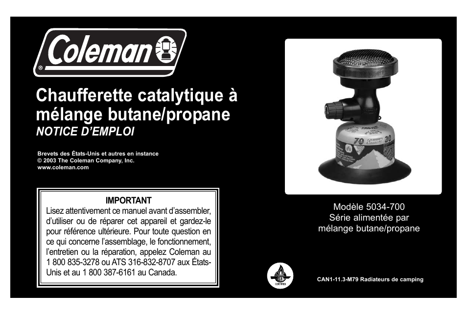 Chaufferette catalytique à mélange butane/propane | Coleman 5034-700 User Manual | Page 11 / 32