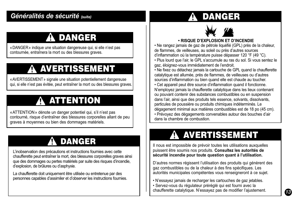 Avertissement, Attention, Danger | Généralités de sécurité | Coleman 5034-700 User Manual | Page 13 / 32