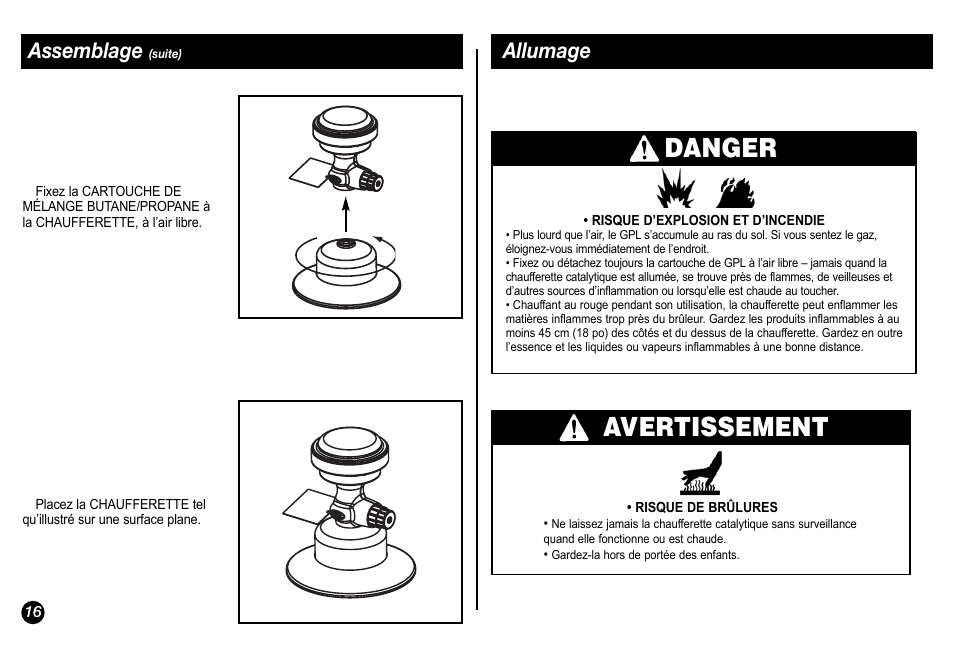 Danger, Avertissement, Allumage assemblage | Coleman 5034-700 User Manual | Page 16 / 32