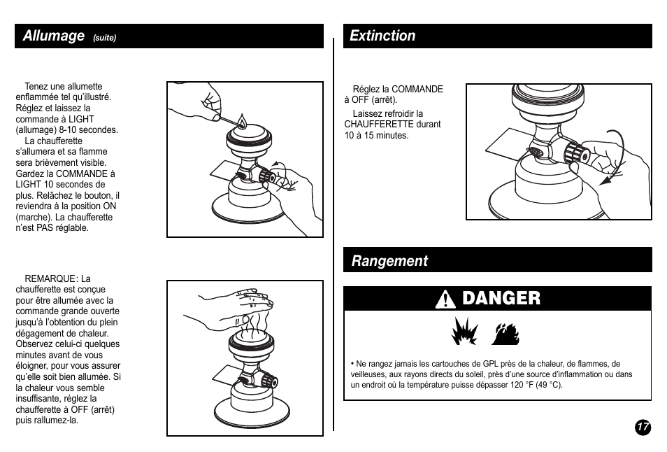 Danger, Allumage, Extinction rangement | Coleman 5034-700 User Manual | Page 17 / 32