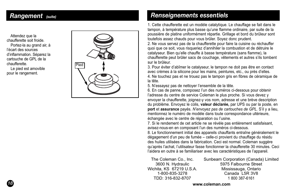 Rangement, Renseignements essentiels | Coleman 5034-700 User Manual | Page 18 / 32