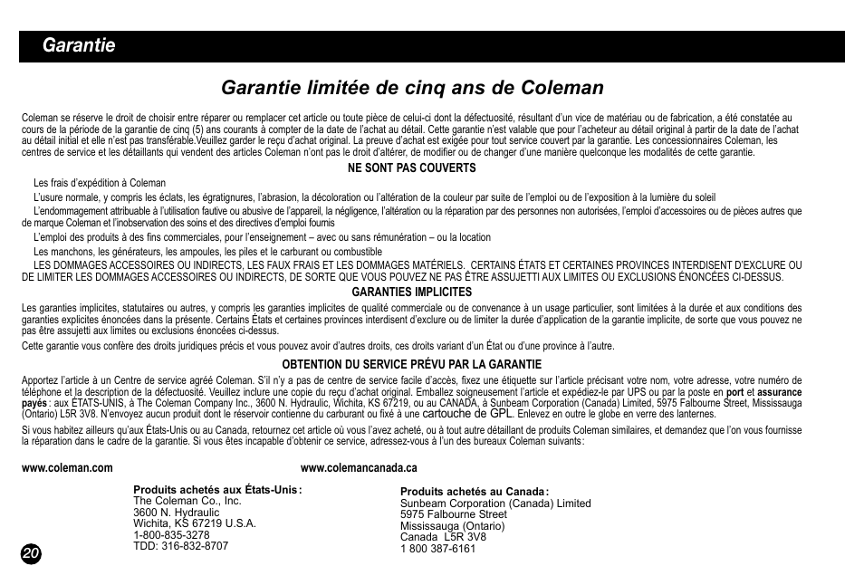 Garantie garantie limitée de cinq ans de coleman | Coleman 5034-700 User Manual | Page 20 / 32