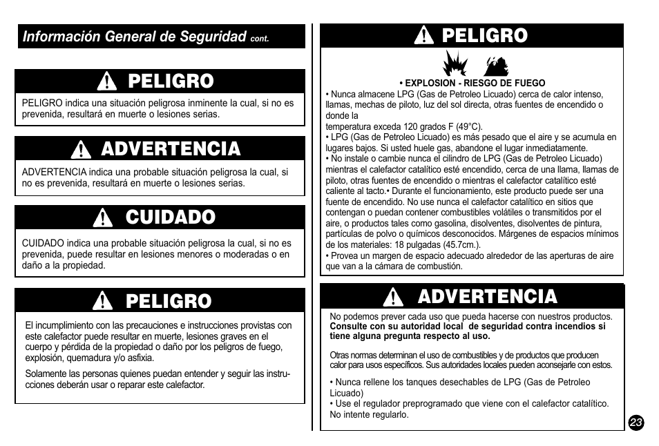 Peligro, Advertencia, Cuidado | Información general de seguridad | Coleman 5034-700 User Manual | Page 23 / 32