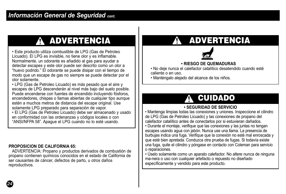 Advertencia, Cuidado, Información general de seguridad | Coleman 5034-700 User Manual | Page 24 / 32