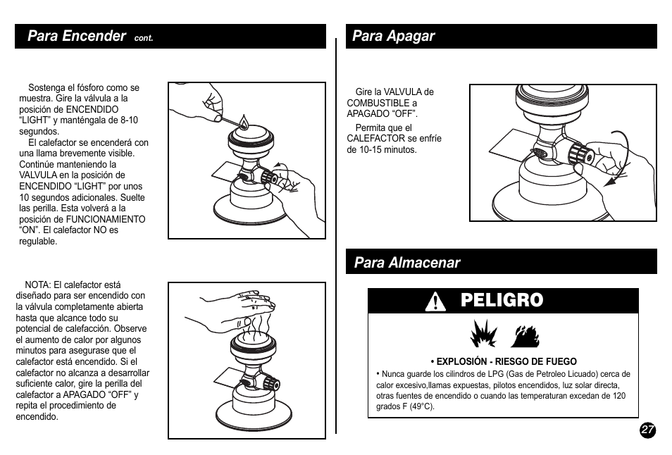 Peligro, Para encender, Para apagar | Para almacenar | Coleman 5034-700 User Manual | Page 27 / 32