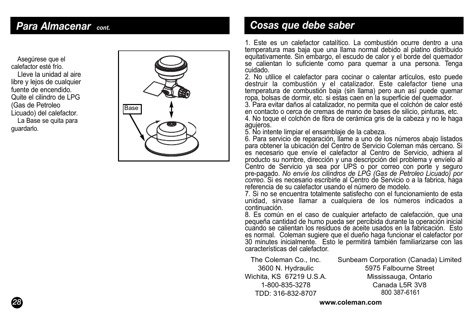 Para almacenar, Cosas que debe saber | Coleman 5034-700 User Manual | Page 28 / 32