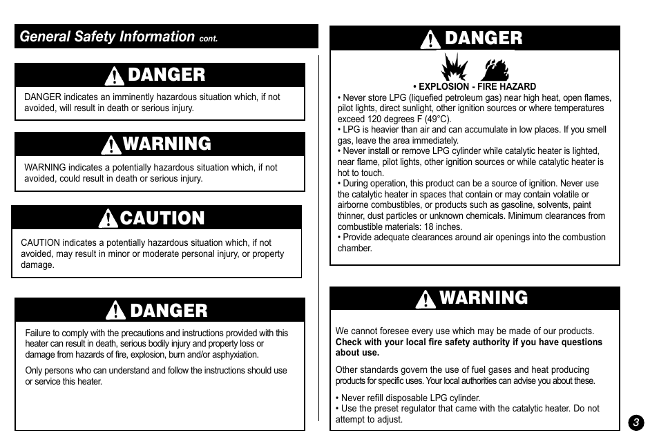 Danger, Warning, Caution | Danger warning, General safety information | Coleman 5034-700 User Manual | Page 3 / 32