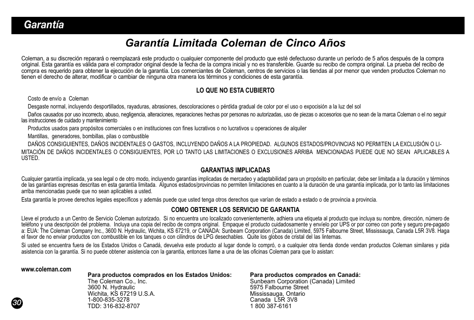 Garantía garantía limitada coleman de cinco años | Coleman 5034-700 User Manual | Page 30 / 32