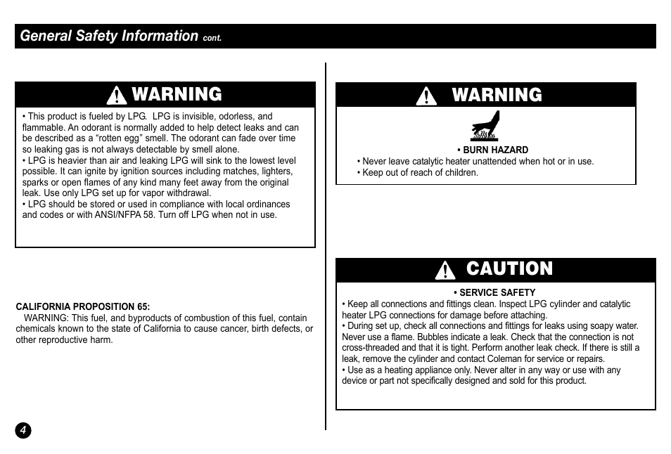 Warning, Caution warning, General safety information | Coleman 5034-700 User Manual | Page 4 / 32