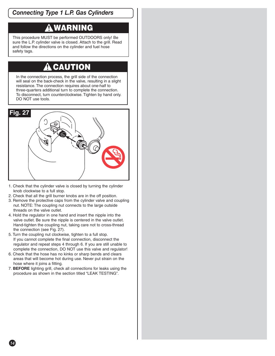 Warning, Caution, Connecting type 1 l.p. gas cylinders fig. 27 | Coleman 9992-645 User Manual | Page 14 / 32