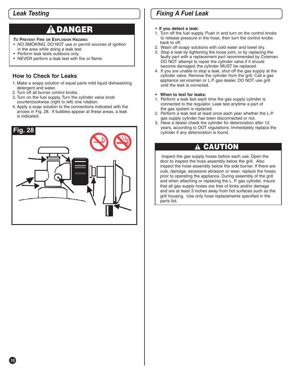 Danger, Caution, Leak testing | Fixing a fuel leak, Fig. 28 | Coleman 9992-645 User Manual | Page 16 / 32