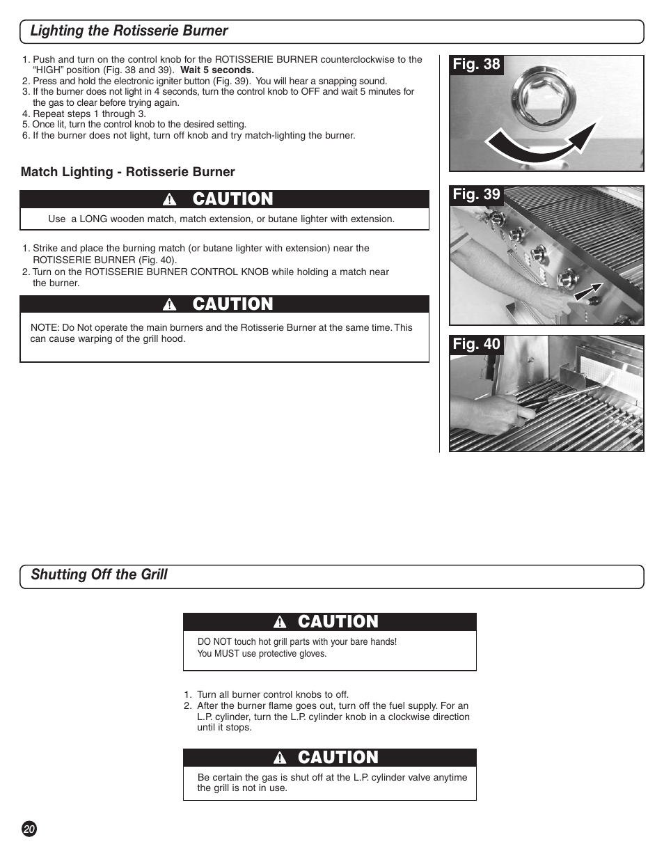 Caution, Lighting the rotisserie burner, Shutting off the grill | Coleman 9992-645 User Manual | Page 20 / 32