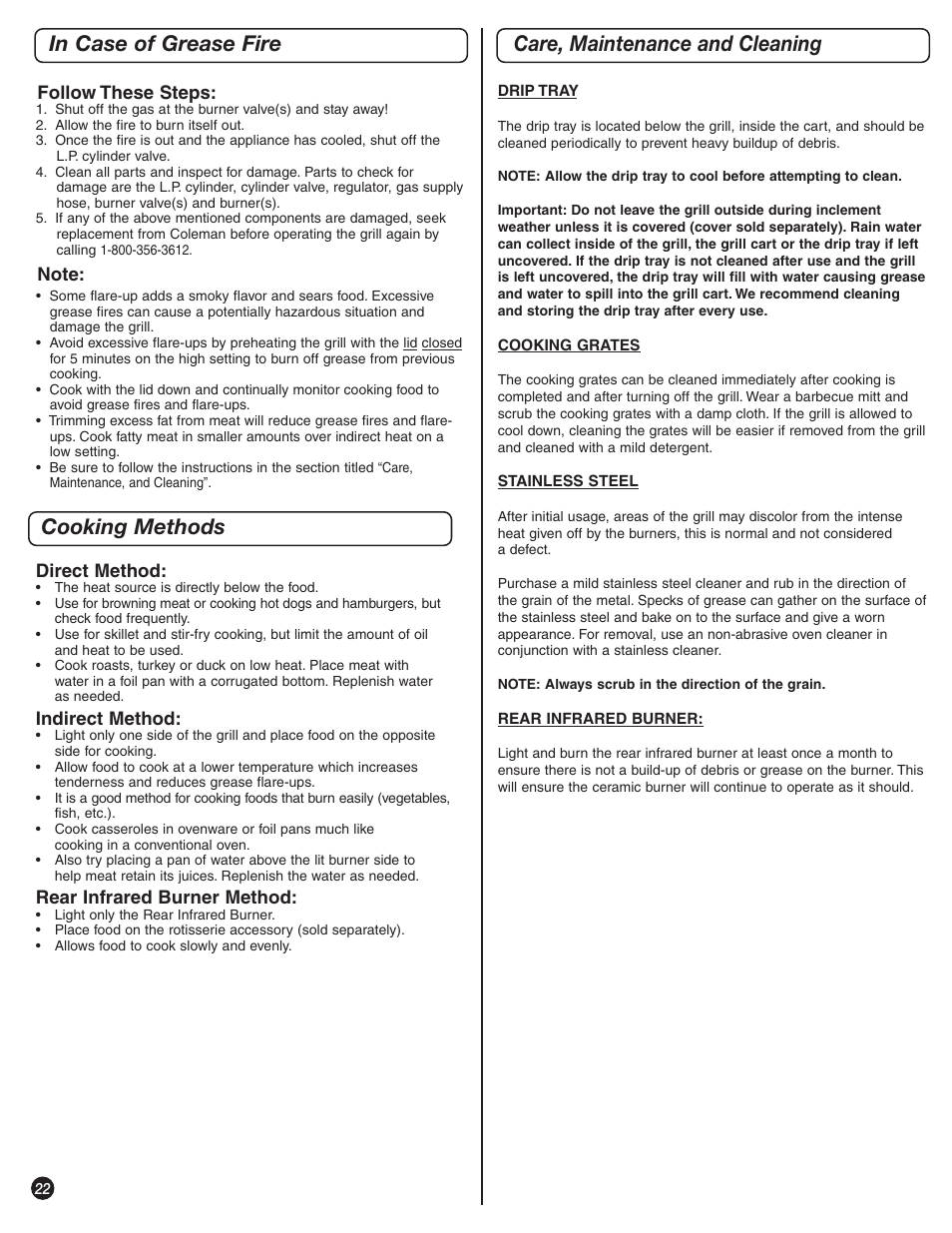 Cooking methods in case of grease fire, Care, maintenance and cleaning | Coleman 9992-645 User Manual | Page 22 / 32