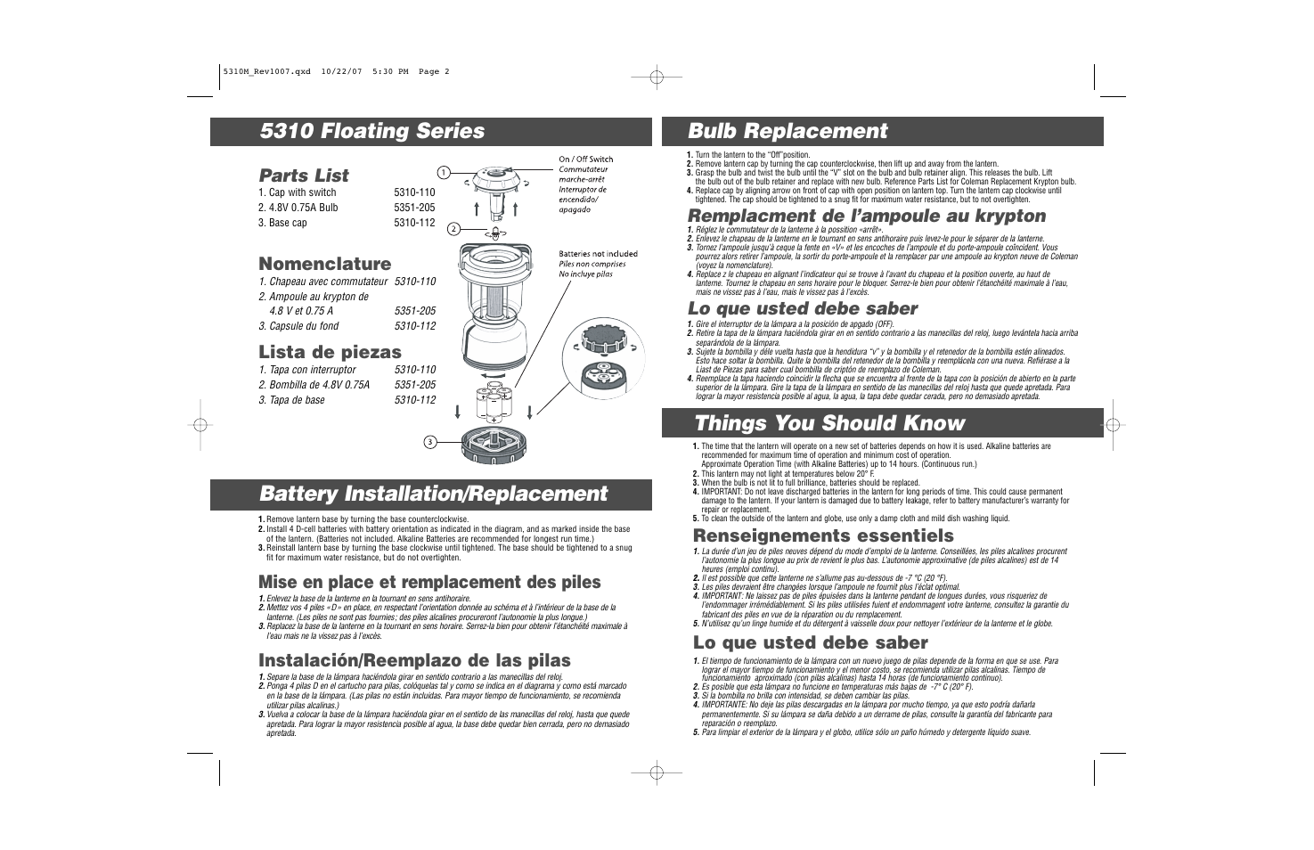 5310 floating series things you should know, Battery installation/replacement, Bulb replacement | Parts list, Remplacment de l’ampoule au krypton, Renseignements essentiels, Lo que usted debe saber, Mise en place et remplacement des piles, Instalación/reemplazo de las pilas, Nomenclature | Coleman KRYPTON 5310 User Manual | Page 2 / 2