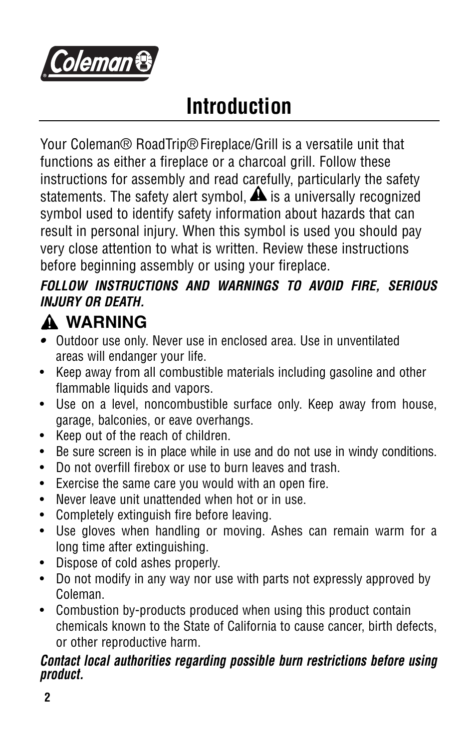 Introduction, Warning | Coleman 5065-715 User Manual | Page 2 / 12