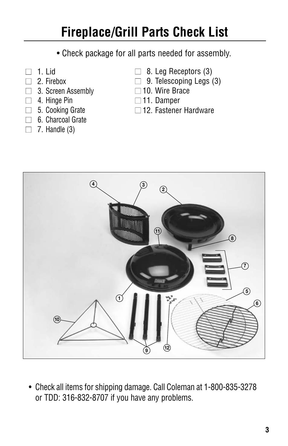 Fireplace/grill parts check list, Check package for all parts needed for assembly | Coleman 5065-715 User Manual | Page 3 / 12